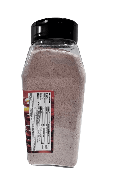 Plastic container of seasoning with a black lid, showcasing nutrient details and ingredient information.