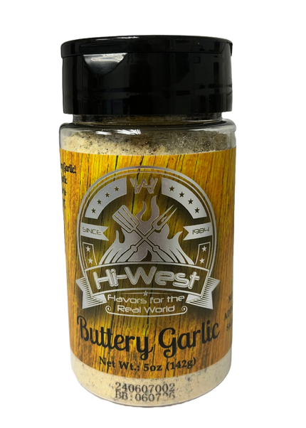 Hi-West Buttery Garlic Seasoning 5oz, no added salt, perfect for enhancing your dishes with rich buttery garlic flavor.