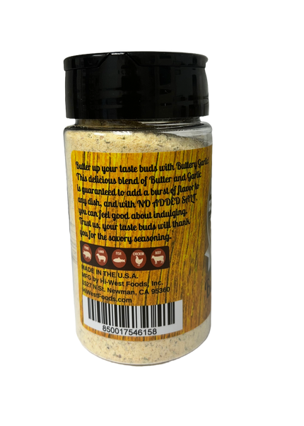 Hi-West Buttery Garlic Seasoning 5oz bottle, no added salt, rich buttery garlic flavor for enhancing dishes.