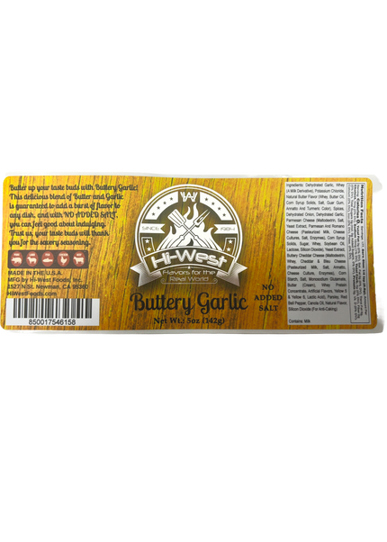 Hi-West Buttery Garlic Seasoning 5oz packaging with no added salt label and vibrant design.