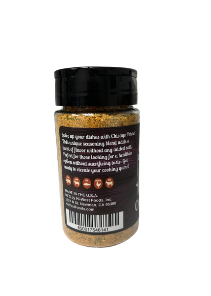 Hi-West Chicago Prime Seasoning bottle showcasing unique spice blend, no added salt for healthier cooking.