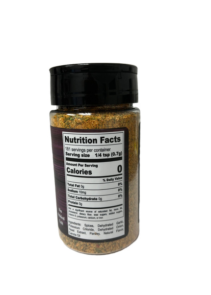Hi-West Chicago Prime Seasoning jar showcasing nutrition facts, zero calories, and no added salt for healthier cooking.