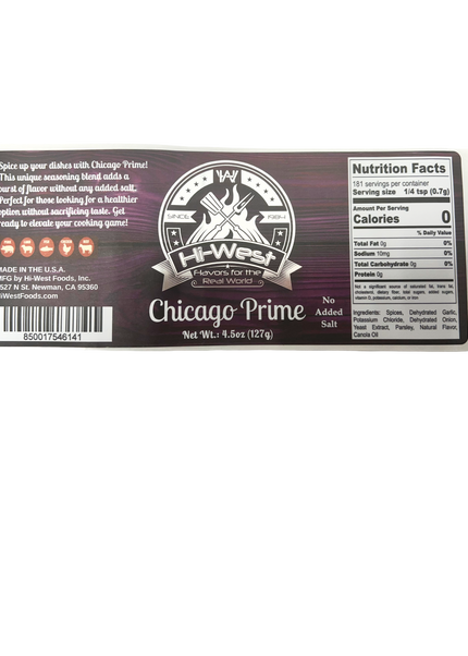 Hi-West Chicago Prime Seasoning packaging with no added salt, perfect for healthy, flavorful cooking.