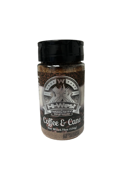 Hi-West Coffee & Cane Seasoning bottle, no added salt, unique flavor for meats and desserts.