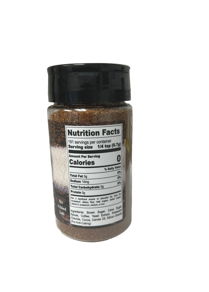 Hi-West Coffee & Cane Seasoning bottle showing nutrition facts and zero added salt for flavorful dishes.