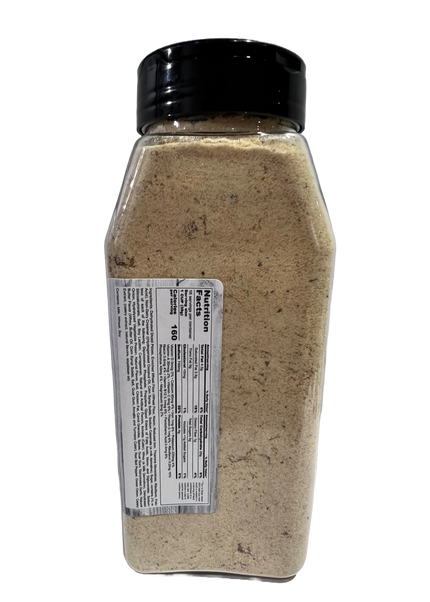 Container of seasoning powder with label and nutritional information, showcasing a unique blend for flavoring.